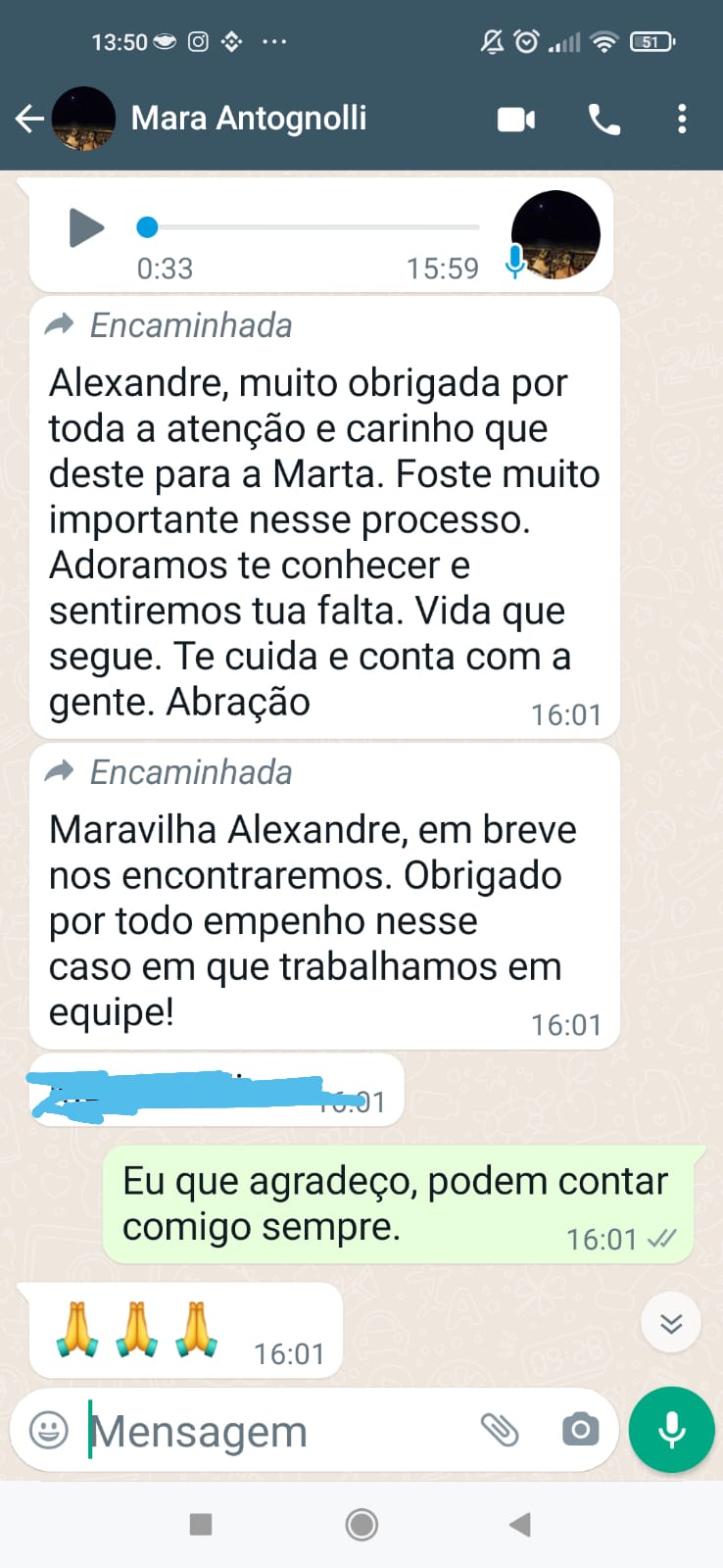 Agradecimento pelo trabalho.